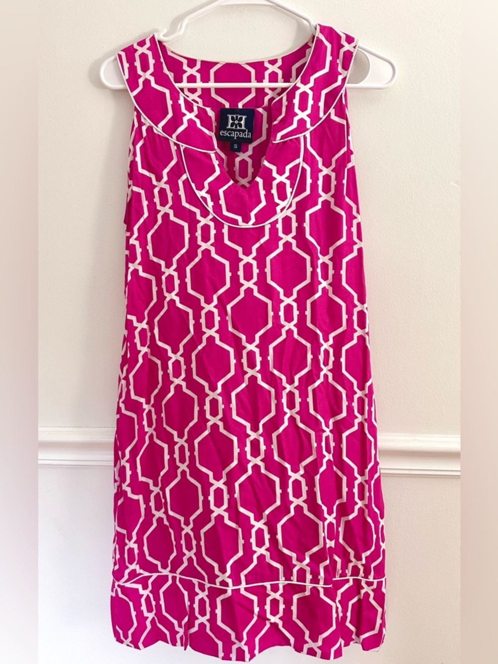 Escapada Pink Geometric Shift Dress S - Preppy Coastal Resort Summer Party